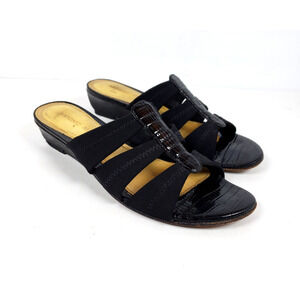 Antonio Melani Womens Size 7 Black Leather Slip On Wedge Slide Sandals Shoes
